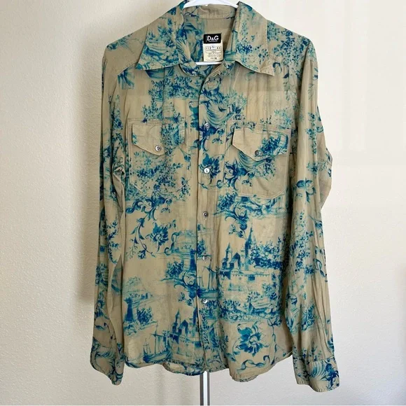 Vintage 1998 Dolce & Gabbana Toile De Jouy Beige & Bleu Shirt Size L - Picture 1 of 14